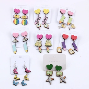 Wholesale Teacher's Day Pen Stripe Heart Wood Ear Studs