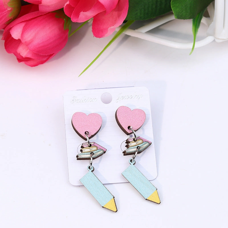 Wholesale Teacher's Day Pen Stripe Heart Wood Ear Studs