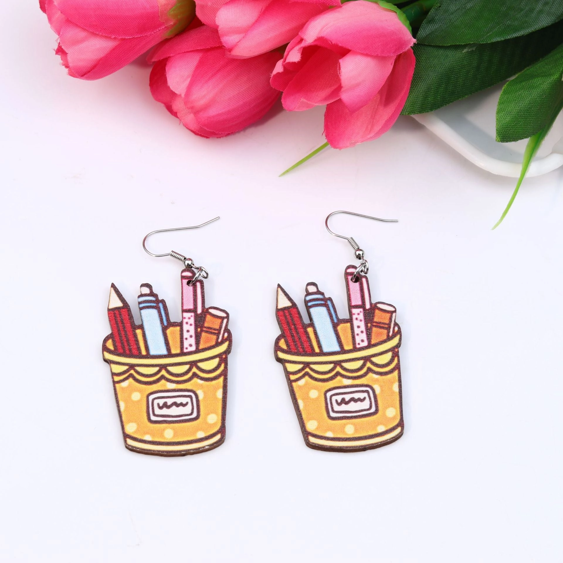 Wholesale Teacher's Day Wood Printing Pencil Book Ear Studs