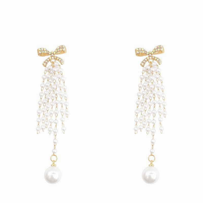 Wholesale Temperament Long Pearl Tassel Women's Fashion Versatile Light Luxury Niche Design Bow Stud Earrings