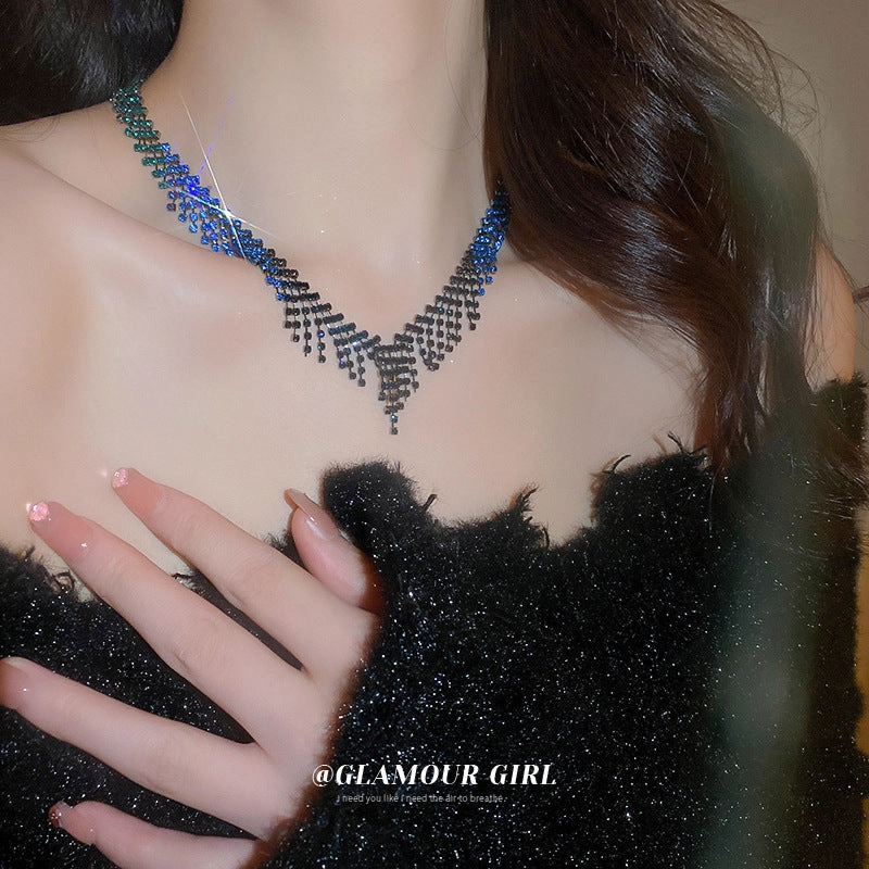 Wholesale Textured Super Flash Rhinestone Tassel Necklace Women's Short Necklace Internet Celebrity Clavicle Chain