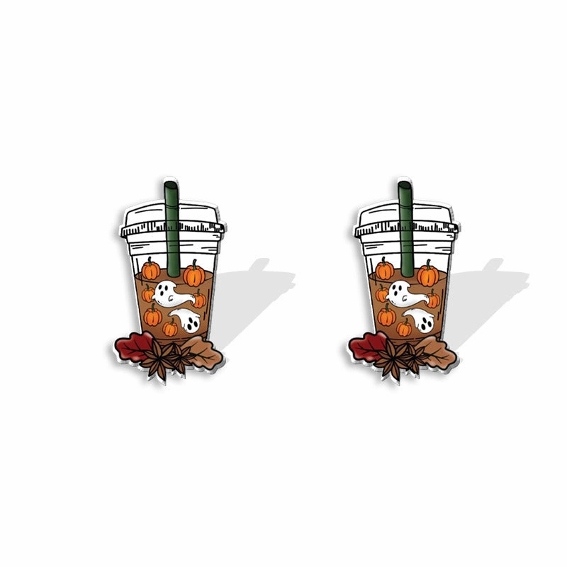 Wholesale Thanksgiving Coffee Ghost Maple Leaf Pumpkin Print Acrylic Earrings