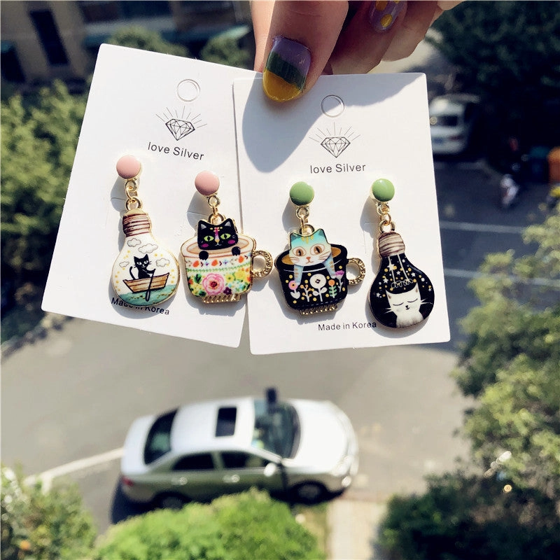 Wholesale The New Cat Slave Series Has Cat Happiness Cute Teacup Bulb Cat Earrings