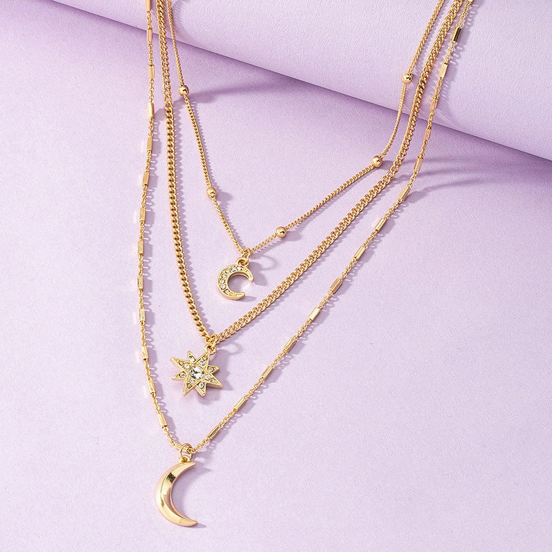 Wholesale Three-layer Diamond Star Moon Necklace Fashion Necklace