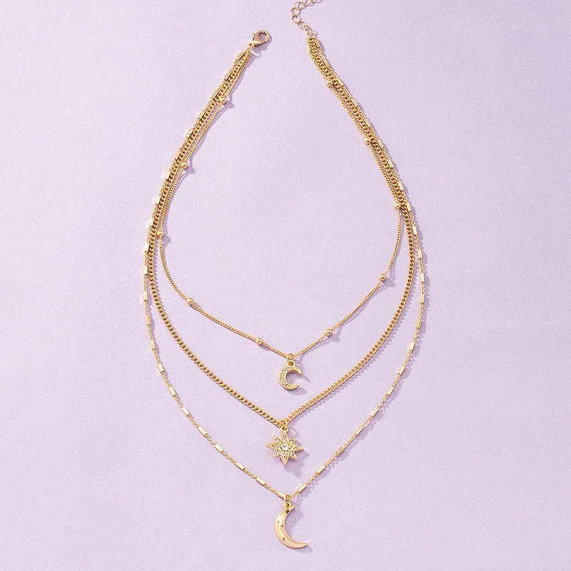 Wholesale Three-layer Diamond Star Moon Necklace Fashion Necklace