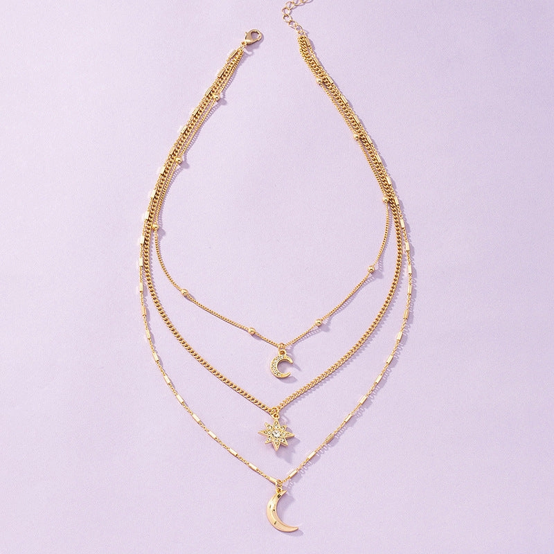 Wholesale Three-layer Diamond Star Moon Necklace Fashion Necklace