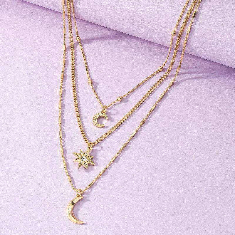 Wholesale Three-layer Diamond Star Moon Necklace Fashion Necklace