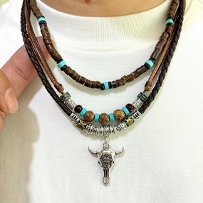 Wholesale Three-layer Western style bull head coconut shell turquoise necklace