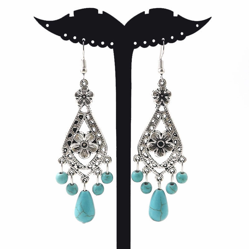 Wholesale Tibetan Nepal Ethnic Minority Vintage Miao Silver Turquoise Earrings