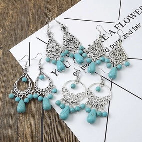 Wholesale Tibetan Nepal Ethnic Minority Vintage Miao Silver Turquoise Earrings