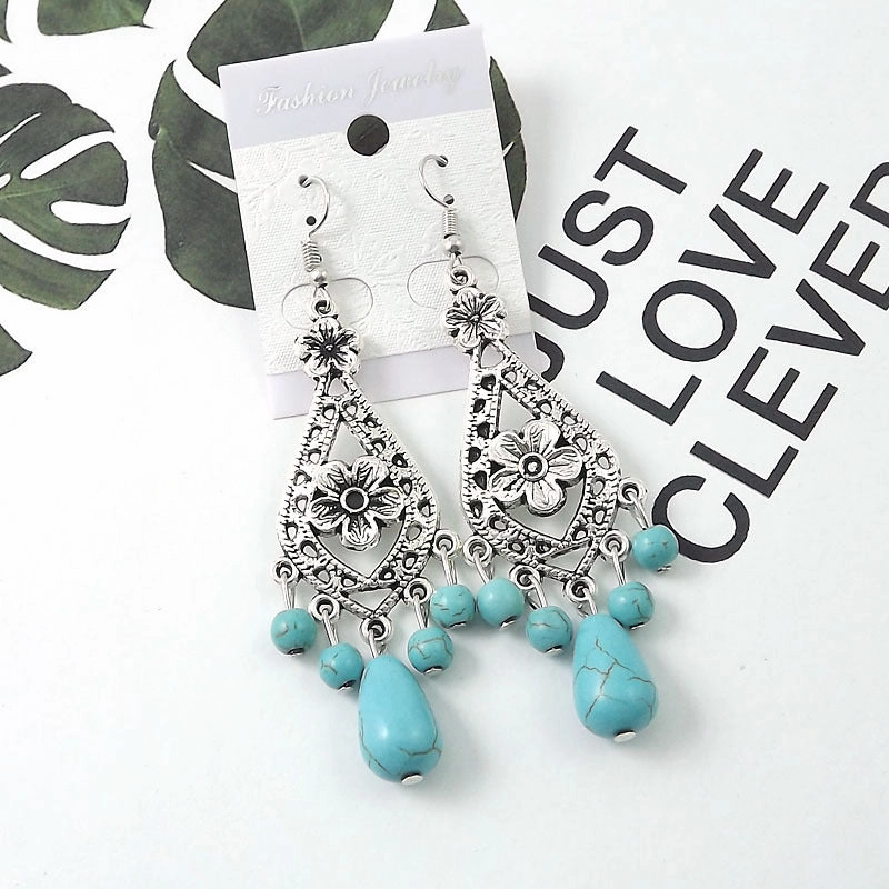 Wholesale Tibetan Nepal Ethnic Minority Vintage Miao Silver Turquoise Earrings