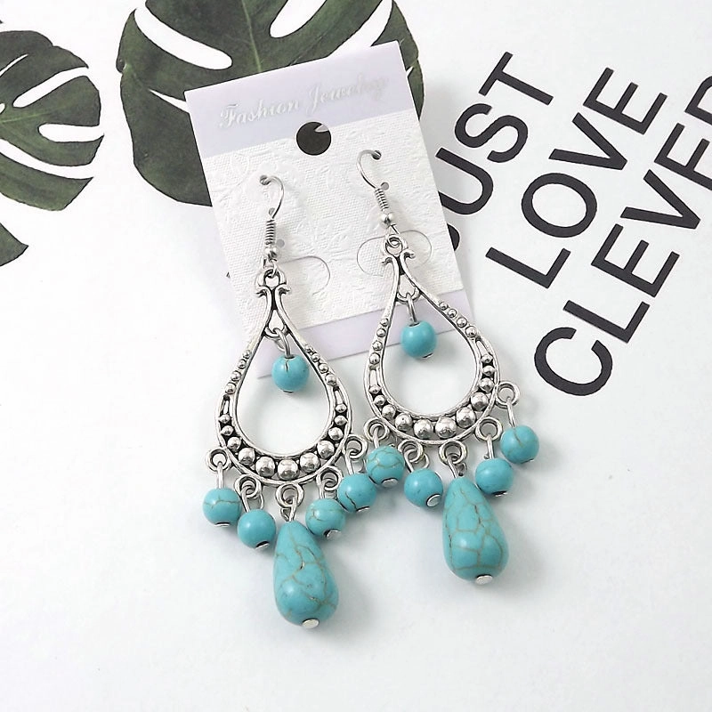 Wholesale Tibetan Nepal Ethnic Minority Vintage Miao Silver Turquoise Earrings