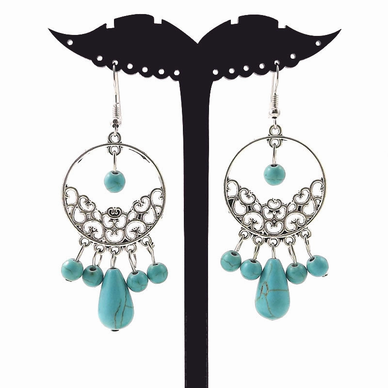 Wholesale Tibetan Nepal Ethnic Minority Vintage Miao Silver Turquoise Earrings
