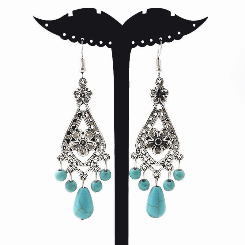Wholesale Tibetan Nepal Ethnic Minority Vintage Miao Silver Turquoise Earrings