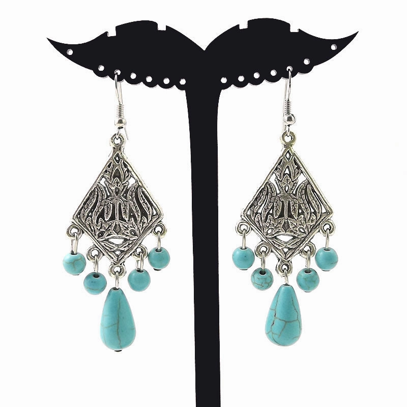 Wholesale Tibetan Nepal Ethnic Minority Vintage Miao Silver Turquoise Earrings