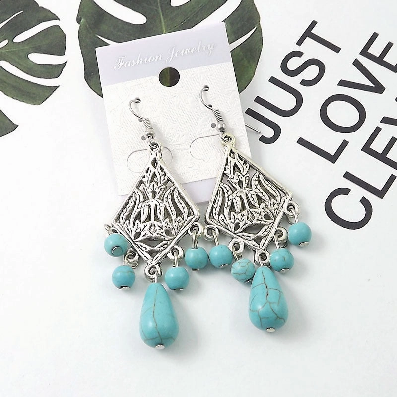 Wholesale Tibetan Nepal Ethnic Minority Vintage Miao Silver Turquoise Earrings