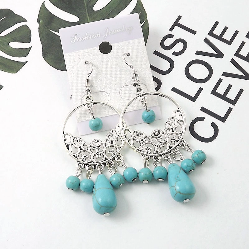 Wholesale Tibetan Nepal Ethnic Minority Vintage Miao Silver Turquoise Earrings