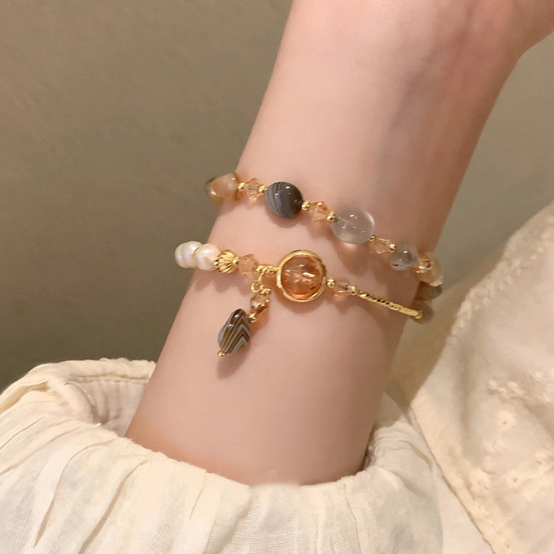 Wholesale Tide Elegant Pearl Crystal Jade Double Circle Bracelet Niche Personality Bracelet Fashion High Sense Bracelet