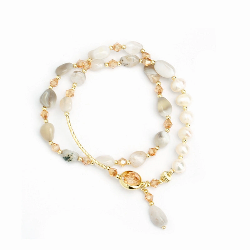 Wholesale Tide Elegant Pearl Crystal Jade Double Circle Bracelet Niche Personality Bracelet Fashion High Sense Bracelet