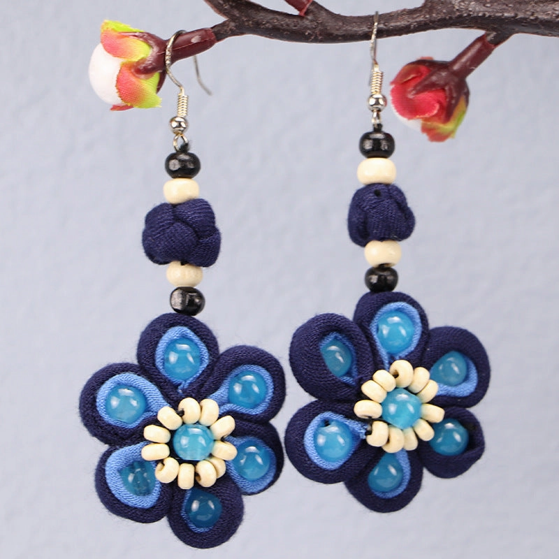 Wholesale Tie-dye blue dye earrings earrings ethnic style buckle flower blue earrings tie-dye earrings