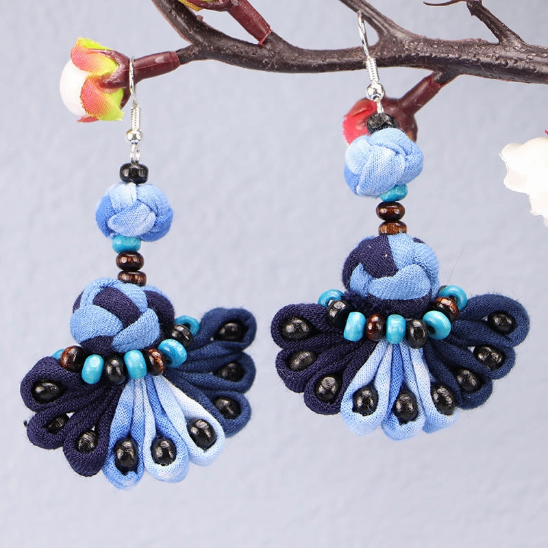 Wholesale Tie-dye blue dye earrings earrings ethnic style buckle flower blue earrings tie-dye earrings