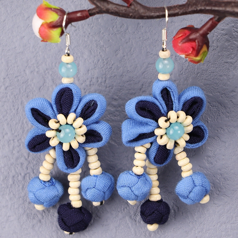 Wholesale Tie-dye blue dye earrings earrings ethnic style buckle flower blue earrings tie-dye earrings