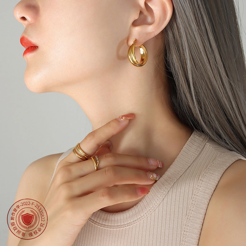 Wholesale Titanium Steel 18k Gold Plated Double Piece U Shape Earrings