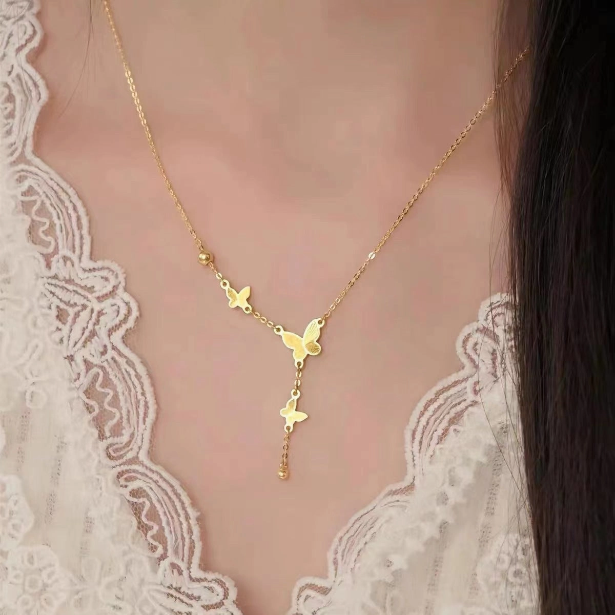 Wholesale Titanium Steel Butterfly Tassel Women's 18K Gold Plated Exquisite All-match Clavicle Necklace