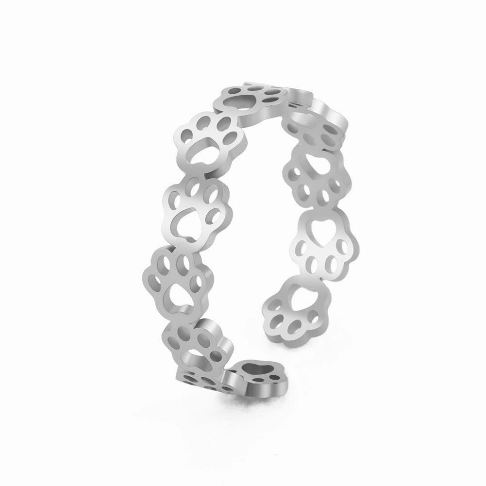 Wholesale Titanium steel color hollow continuous cat footprint opening adjustable couple ring stainless steel opening ring