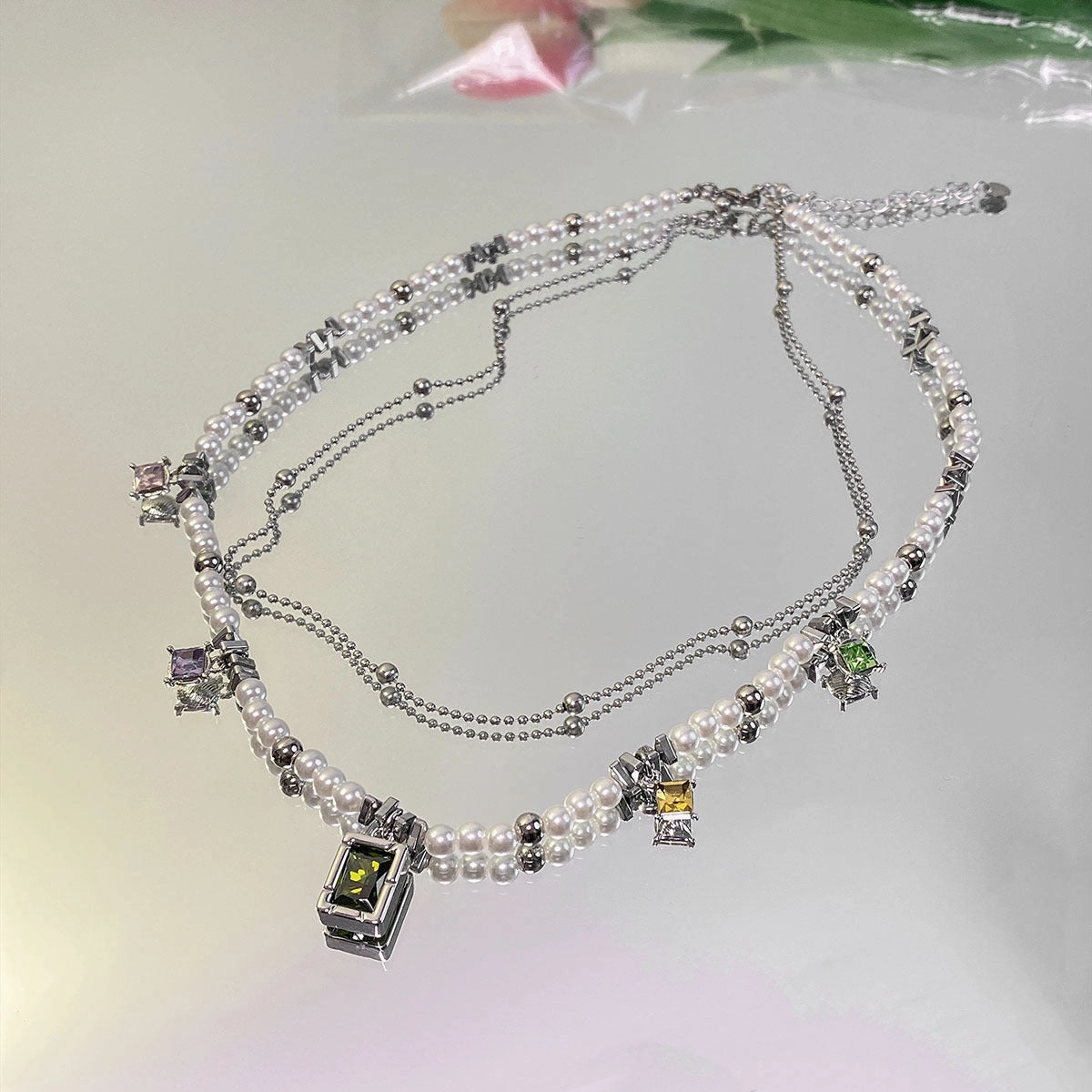 Wholesale Titanium Steel Color Vermiculite Double -layer Bead Stitching Necklace