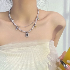 Wholesale Titanium Steel Color Vermiculite Double -layer Bead Stitching Necklace