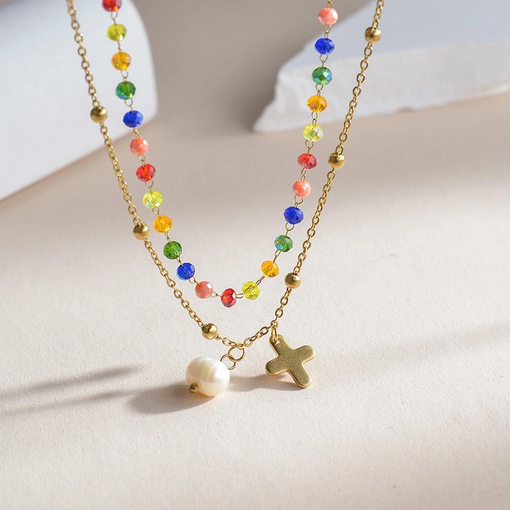 Wholesale Titanium Steel Double -layer Color Crystal String Beads Pearl Necklace