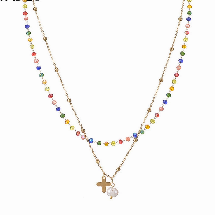 Wholesale Titanium Steel Double -layer Color Crystal String Beads Pearl Necklace