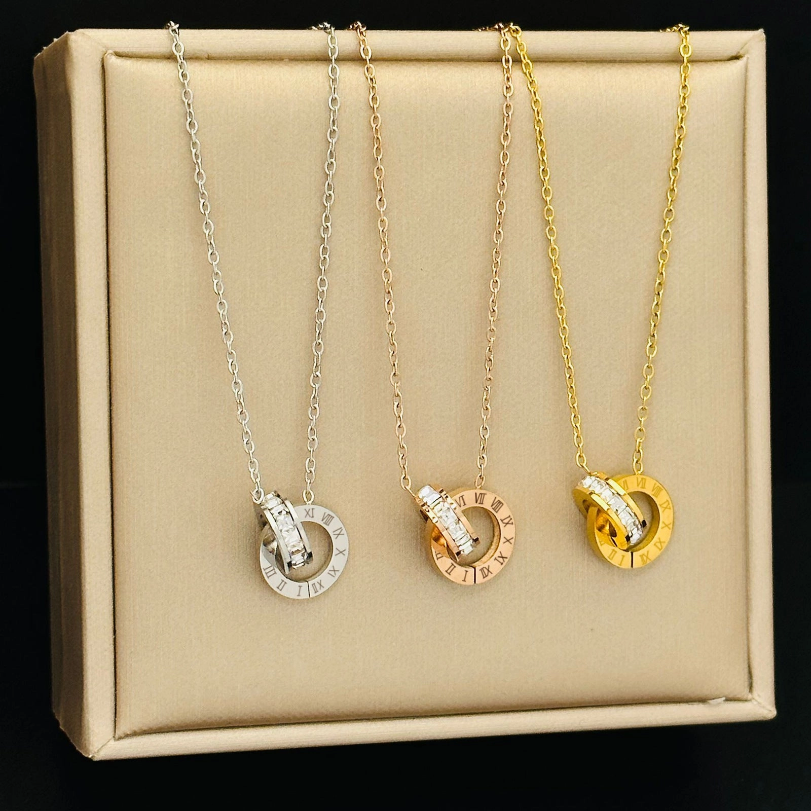 Wholesale Titanium Steel Geometry Roman Numerals and Diamond Necklace
