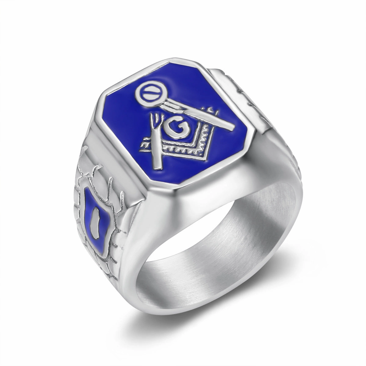 Wholesale Titanium steel gold plated blue glue Masonic hip hop style Ring
