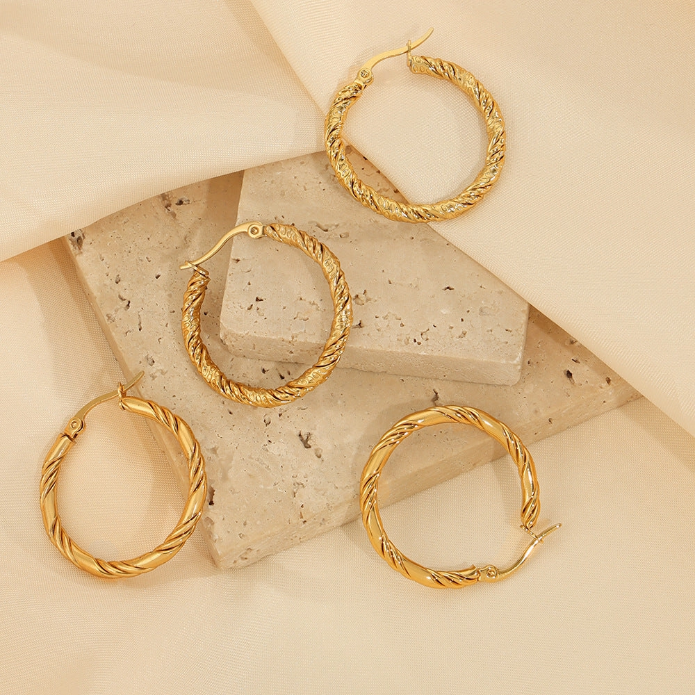 Wholesale Titanium Steel Gold Plated Hemp Pattern Large Earrings