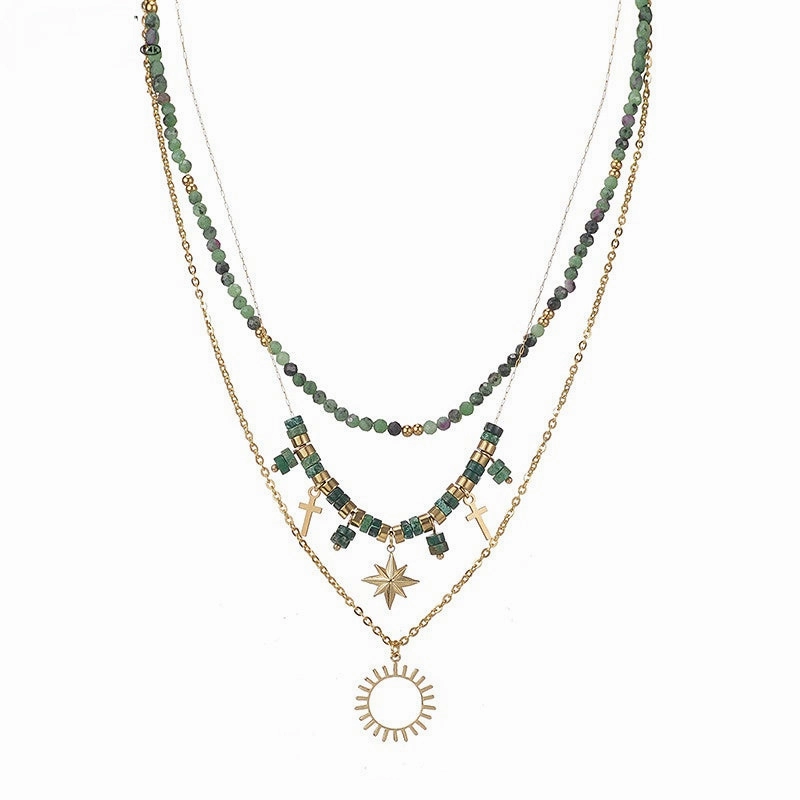 Wholesale Titanium Steel Green Beads Eight Mangxing Cross Sun Pendant Necklace