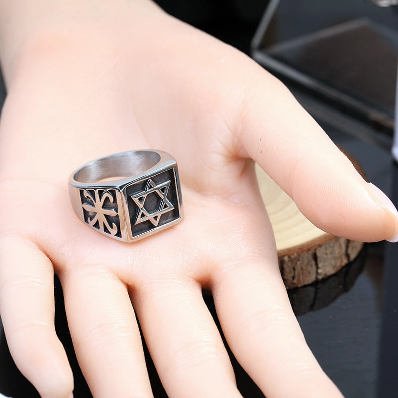 Wholesale Titanium Steel Hexagram Star Retro Stainless Steel Star Personalized Rings