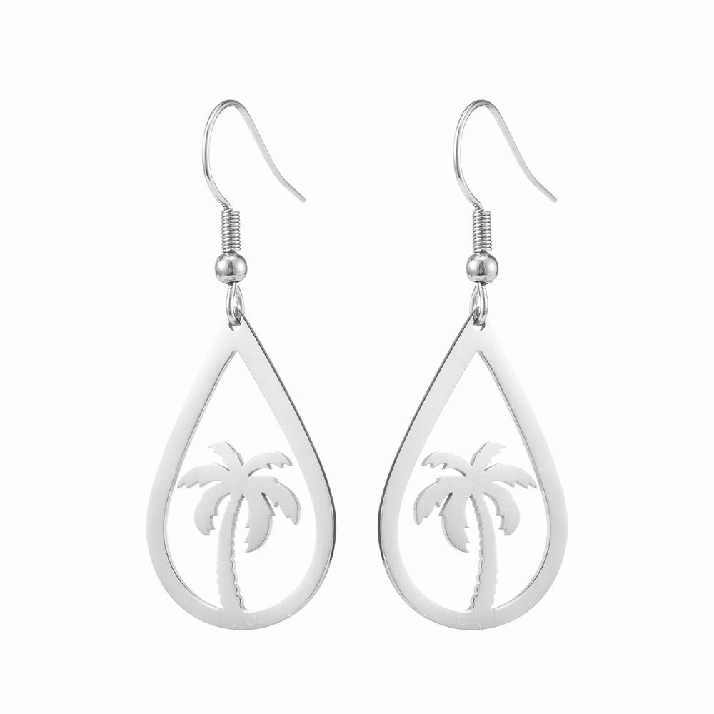 Wholesale Titanium steel hollow water drop coconut tree stainless steel earrings
