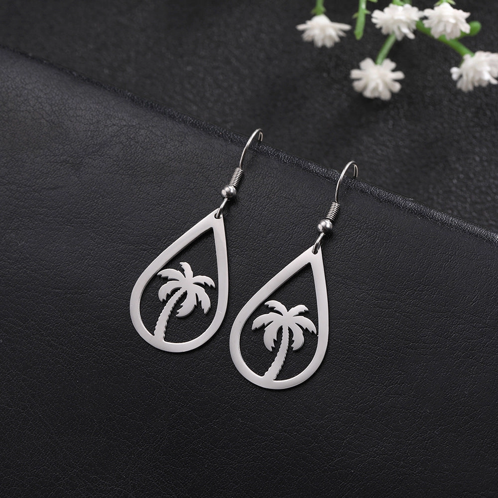 Wholesale Titanium steel hollow water drop coconut tree stainless steel earrings