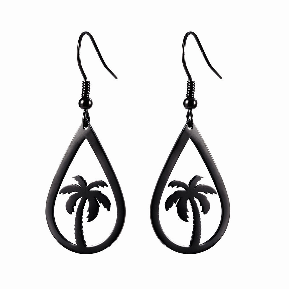 Wholesale Titanium steel hollow water drop coconut tree stainless steel earrings
