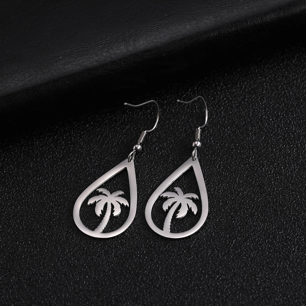 Wholesale Titanium steel hollow water drop coconut tree stainless steel earrings