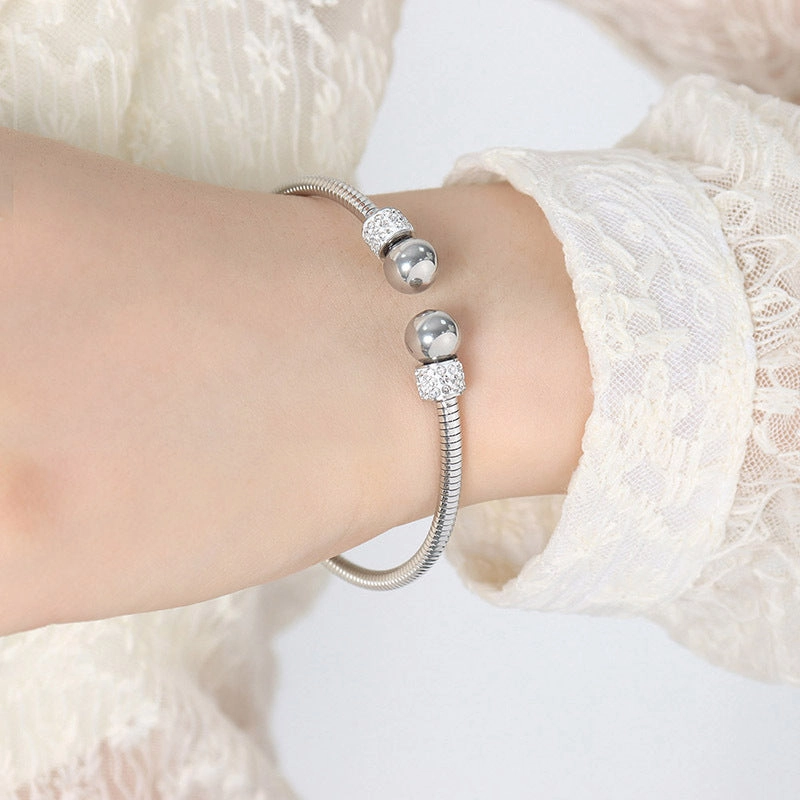 Wholesale Titanium Steel Inlaid Rang Rhinestone Bead Open Bracelet