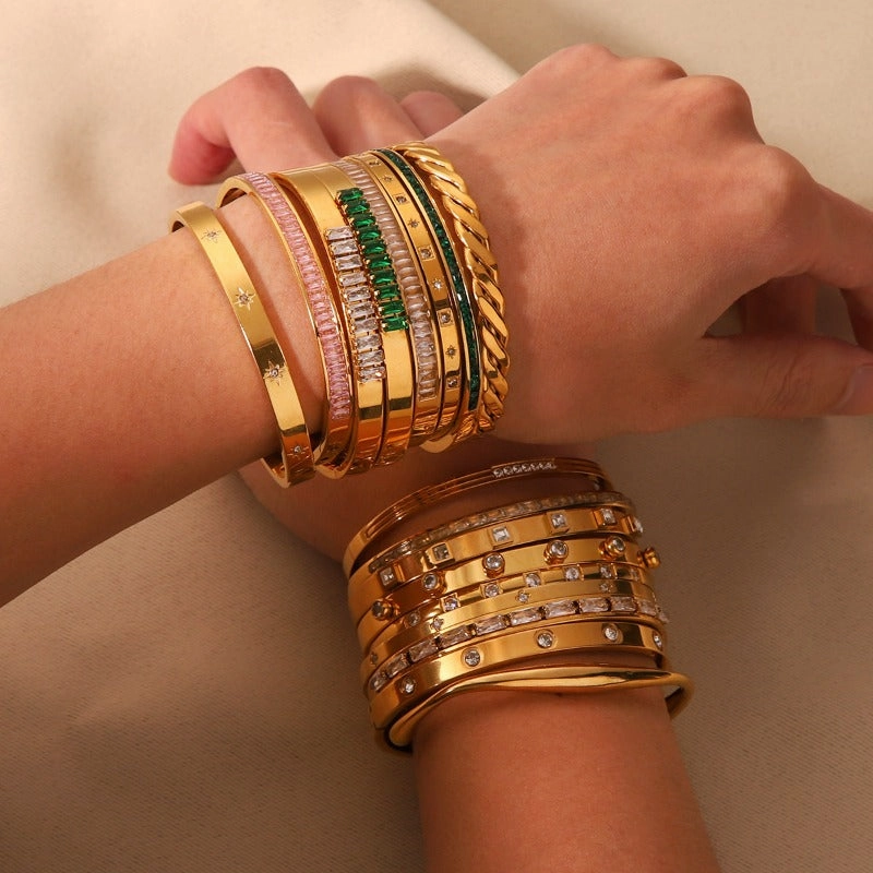 Wholesale Titanium Steel Inlaid Zircon Retro Wide Edge Full Diamond Plated 18K Real Gold Irregular Bracelet