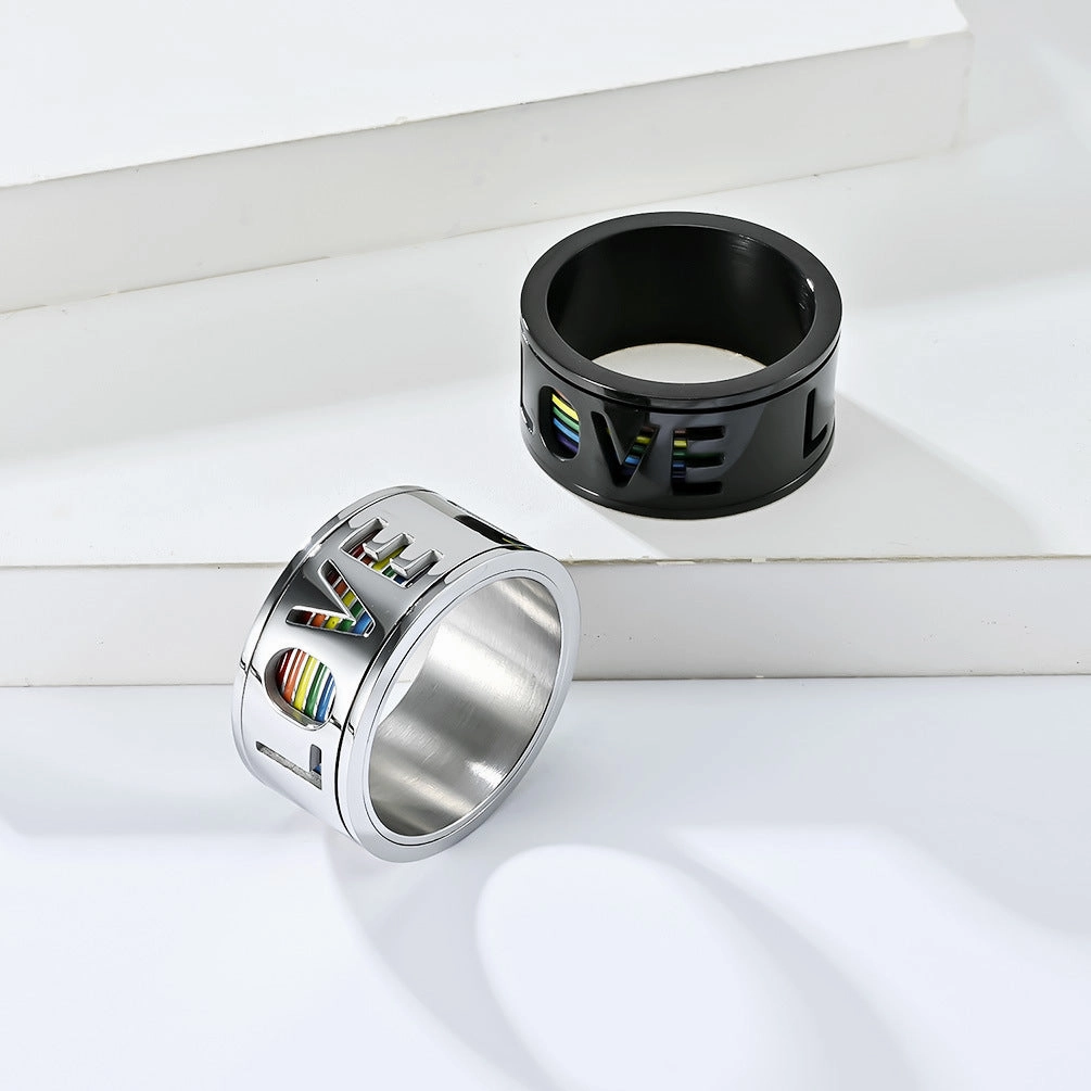 Wholesale Titanium Steel LGBT LOVE Rotating Titanium Steel Rainbow Flag Ring