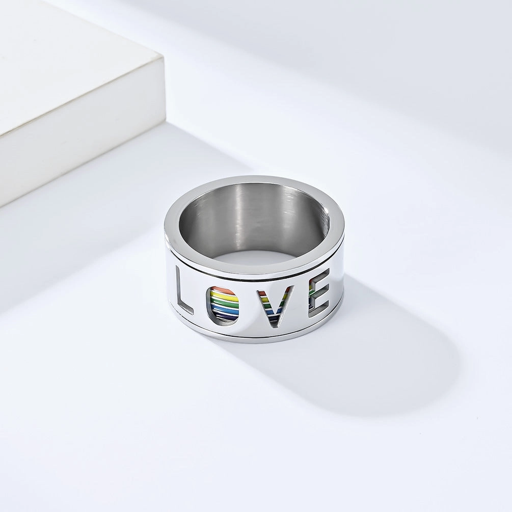 Wholesale Titanium Steel LGBT LOVE Rotating Titanium Steel Rainbow Flag Ring