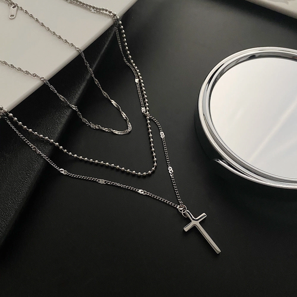 Wholesale Titanium Steel Non-fading Three-layer Cross Niche Cold Style High-grade Clavicle Chain