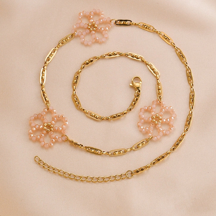 Wholesale Titanium Steel Pink Crystal Rice Pearl Flower Blossoming Necklace