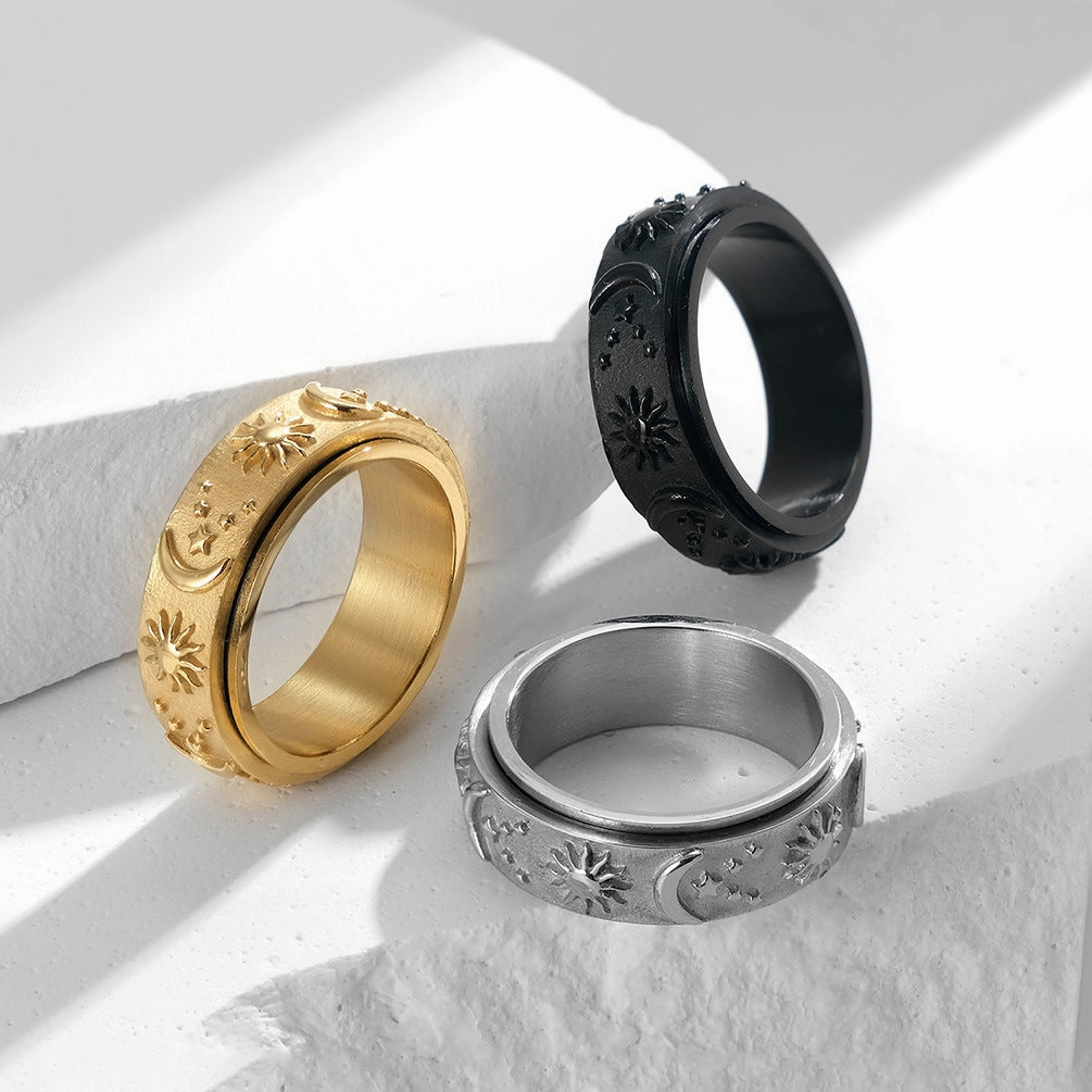 Wholesale Titanium Steel Ring Rotatable  Stress Relief Jewelry Star Moon Sun Design Fashion Accessory