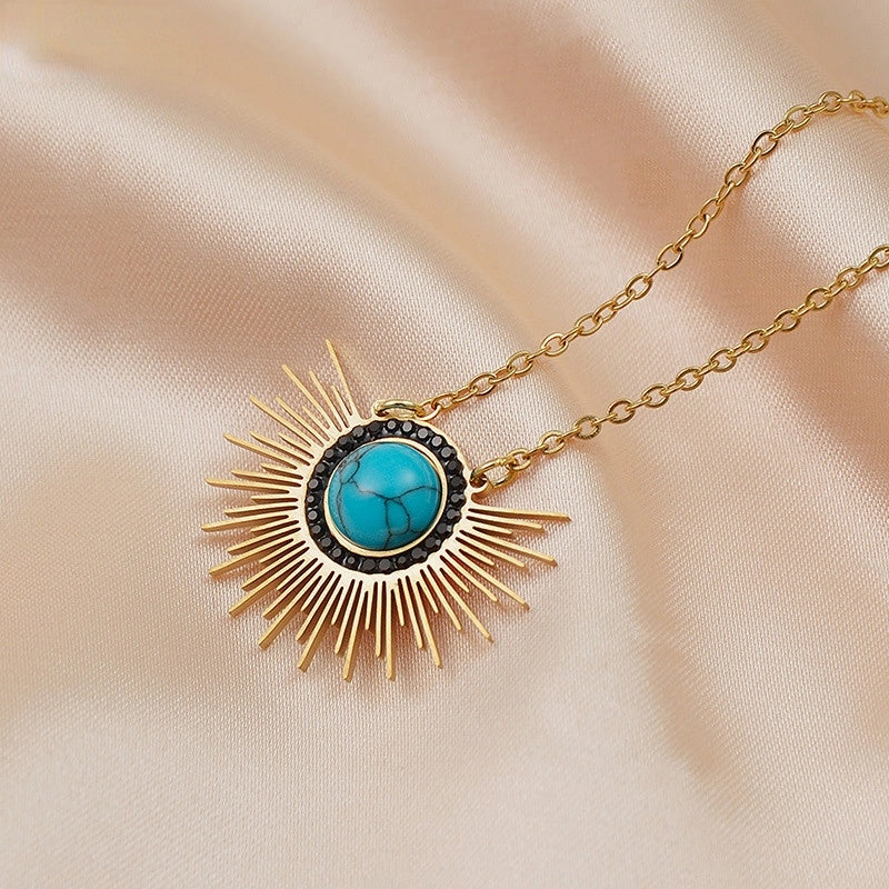 Wholesale Titanium Steel Sunflower Turquoise Pendant Necklace